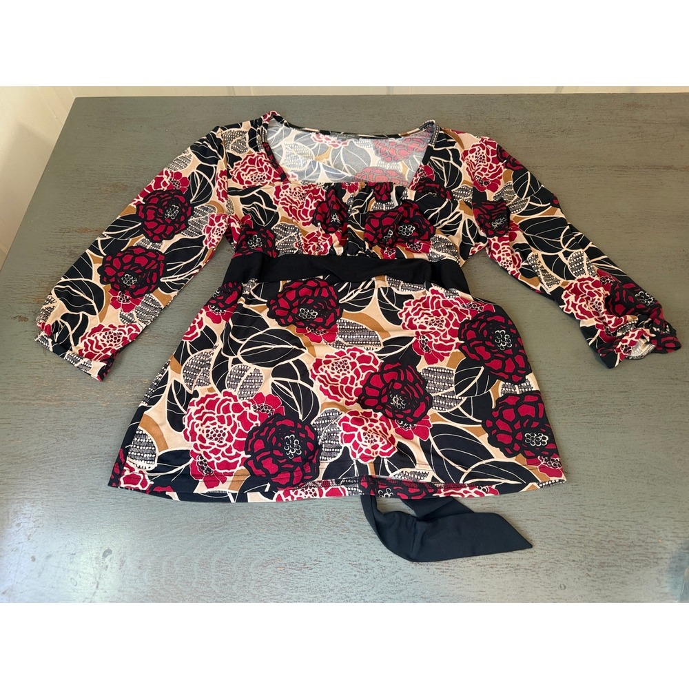 Apt. 9 Womens Floral Empire Waist Tunic Top Red Black Stretch Large